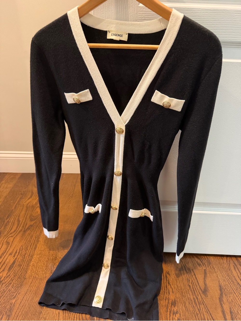 L'AGENCE Black Knit Cardigan Dress with White Trim